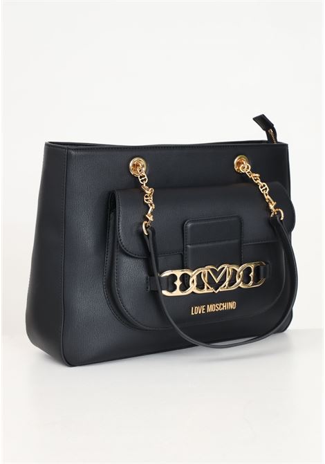 Black women's shopper with chain loop with hearts and logo LOVE MOSCHINO | JC4042PP1LLF0000